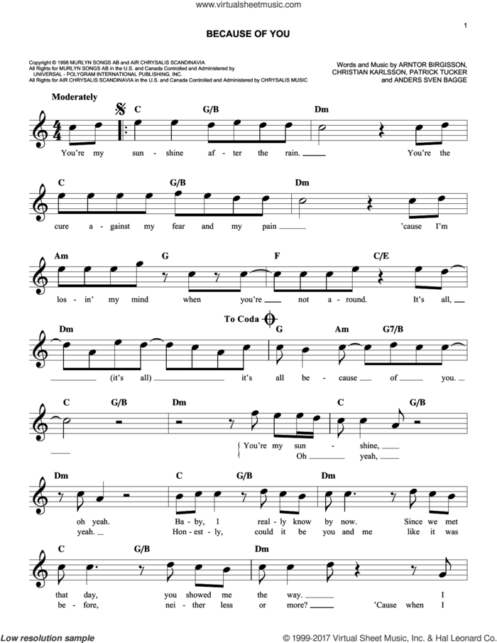 Because Of You sheet music for voice and other instruments (fake book) by 98 Degrees, Anders Sven Bagge, Arntor Birgisson, Christian Karlsson and Patrick Tucker, easy skill level