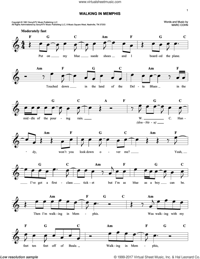 Walking In Memphis sheet music for voice and other instruments (fake book) by Marc Cohn, easy skill level