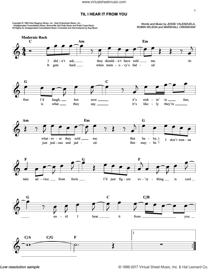Til I Hear It From You sheet music for voice and other instruments (fake book) by Gin Blossoms, Jesse Valenzuela, Marshall Crenshaw and Robin Wilson, easy skill level