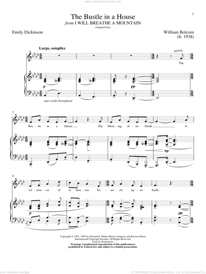The Bustle In A House sheet music for voice and piano (Low Voice) by Emily Dickinson, Richard Walters and William Bolcom, classical score, intermediate skill level