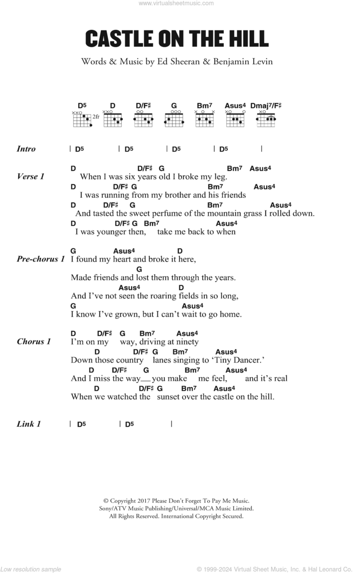 Castle On The Hill sheet music for guitar (chords) by Ed Sheeran and Benjamin Levin, intermediate skill level