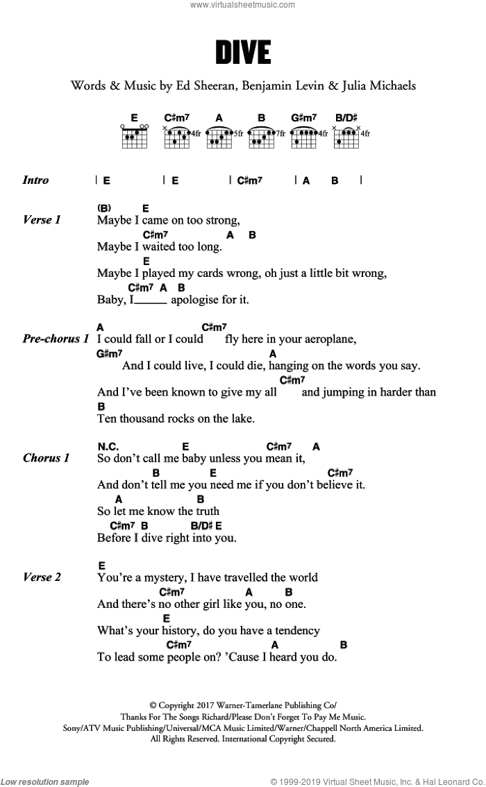 Dive sheet music for guitar (chords) by Ed Sheeran, Benjamin Levin and Julia Michaels, intermediate skill level