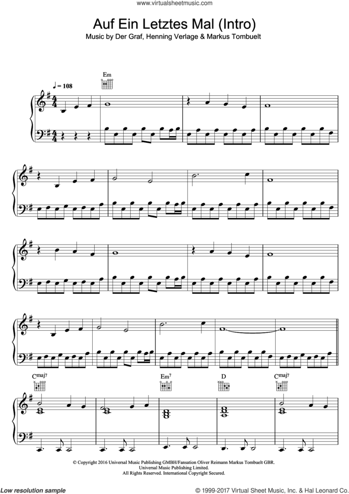 Auf Ein Letztes Mal (Intro) sheet music for piano solo by Unheilig, Der Graf, Henning Verlage and Markus Tombuelt, intermediate skill level