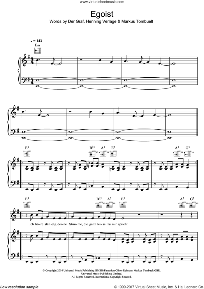 Egoist sheet music for voice, piano or guitar by Unheilig, intermediate skill level