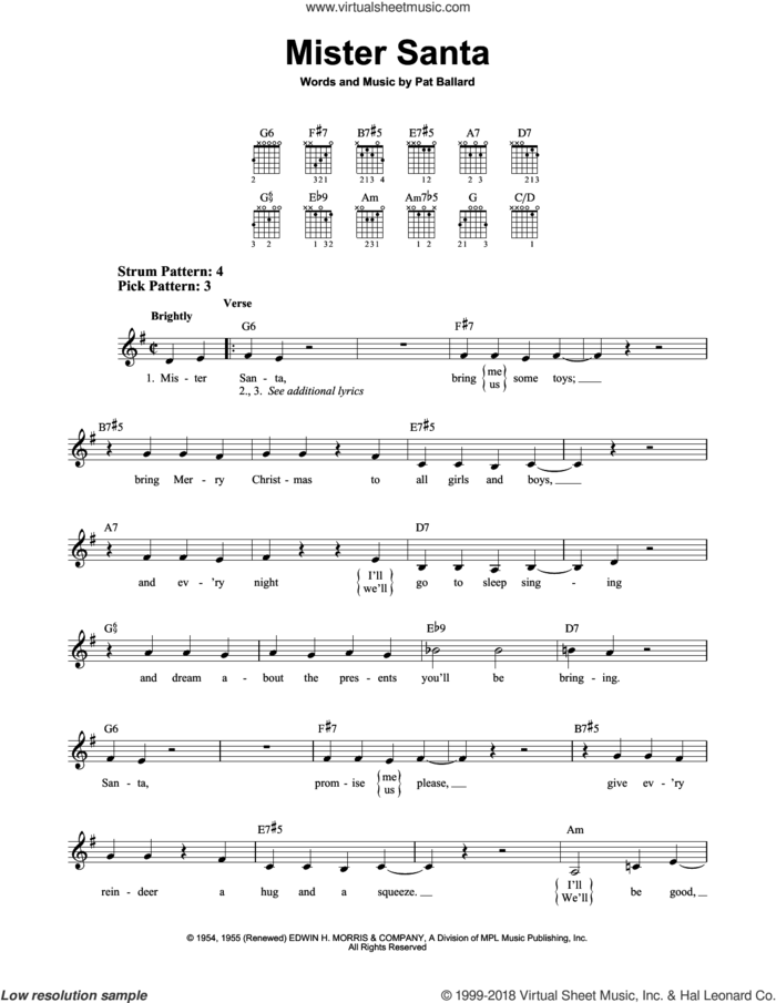 Mister Santa sheet music for guitar solo (chords) by Pat Ballard, easy guitar (chords)