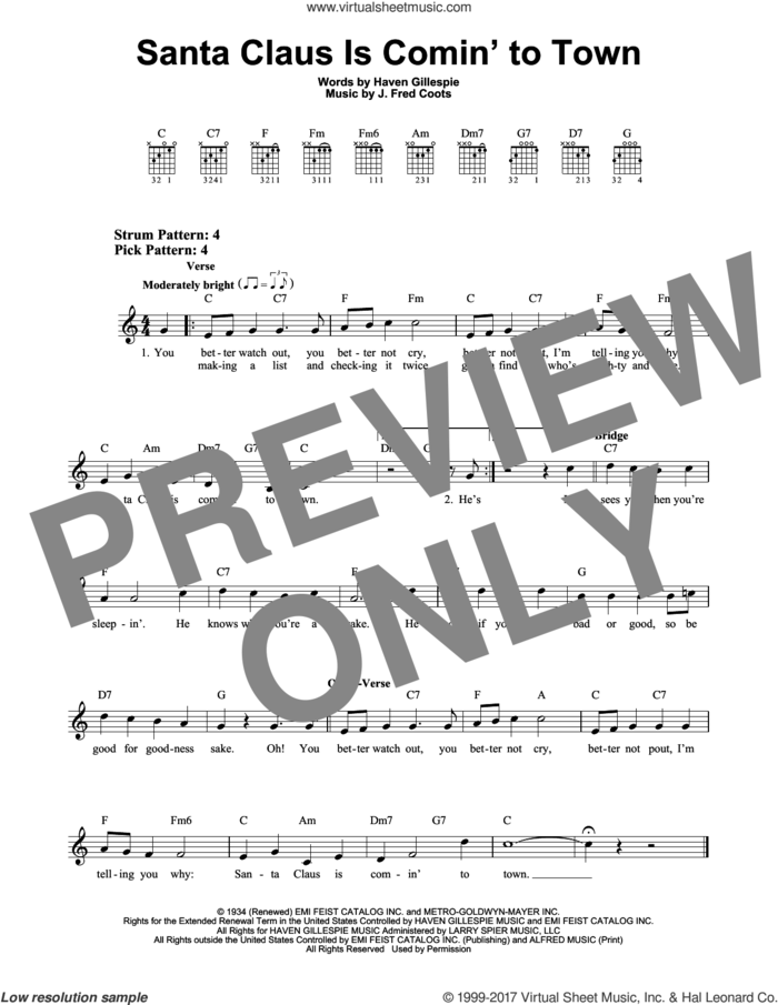 Santa Claus Is Comin' To Town sheet music for guitar solo (chords) by J. Fred Coots and Haven Gillespie, easy guitar (chords)
