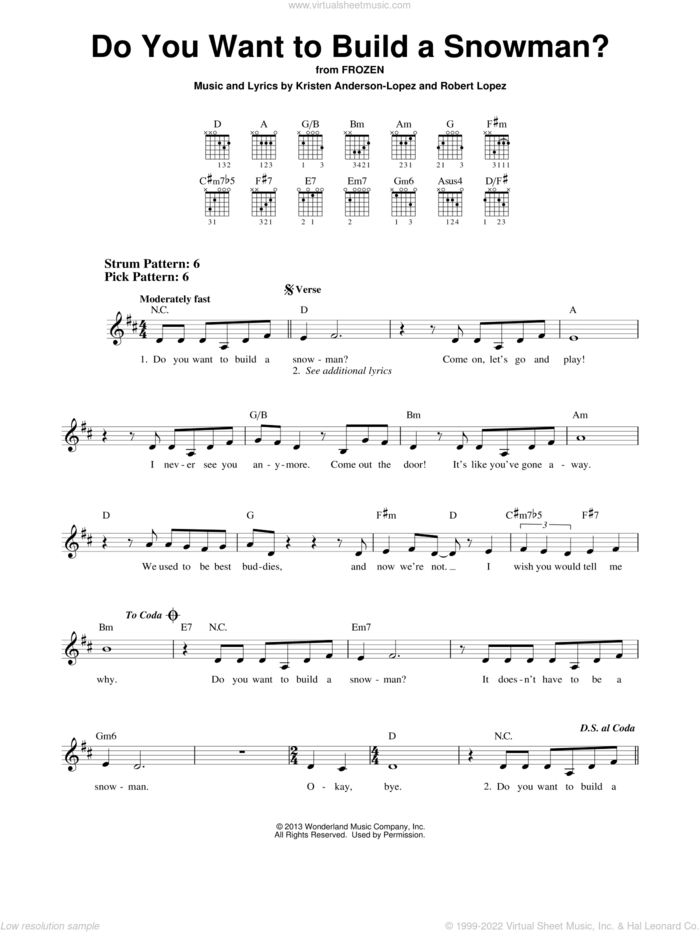 Do You Want To Build A Snowman? (from Frozen) sheet music for guitar solo (chords) by Kristen Bell, Agatha Lee Monn & Katie Lopez, Kristen Anderson-Lopez and Robert Lopez, easy guitar (chords)