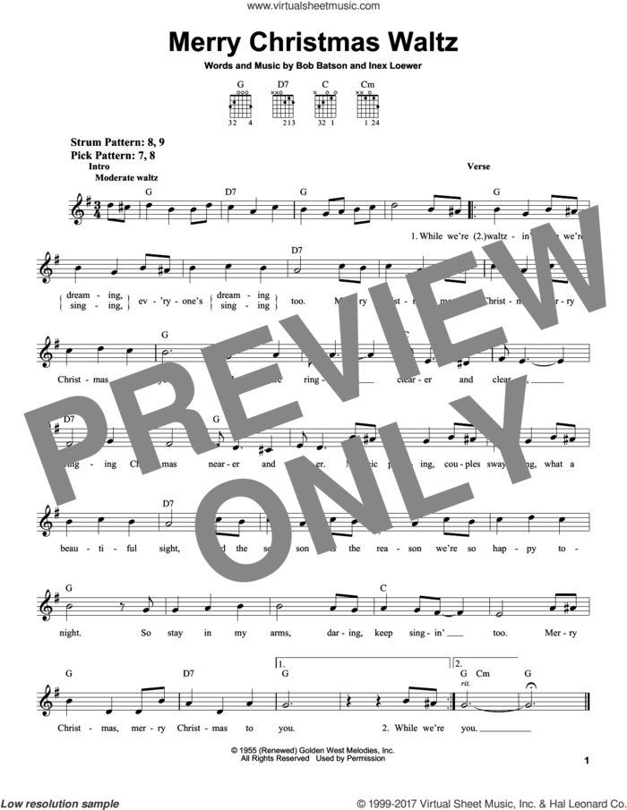 Merry Christmas Waltz sheet music for guitar solo (chords) by Inez Loewer and Bob Batson, easy guitar (chords)