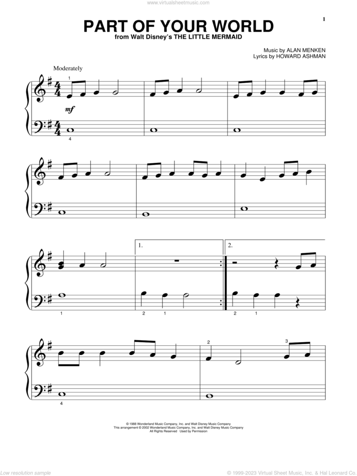 Part Of Your World (from The Little Mermaid), (beginner) sheet music for piano solo by Alan Menken, The Little Mermaid (Movie), Alan Menken & Howard Ashman and Howard Ashman, beginner skill level