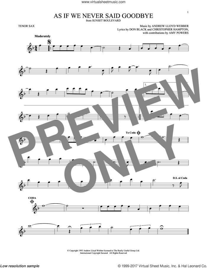 As If We Never Said Goodbye (from Sunset Boulevard) sheet music for tenor saxophone solo by Andrew Lloyd Webber, Christopher Hampton and Don Black, intermediate skill level