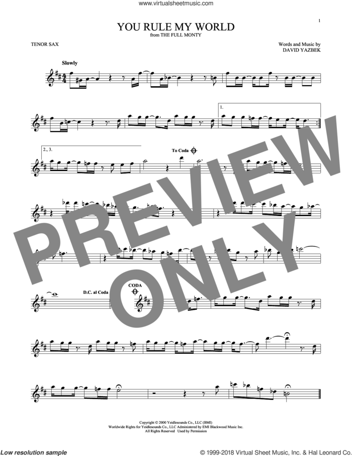 You Rule My World (from The Full Monty) sheet music for tenor saxophone solo by David Yazbek, intermediate skill level