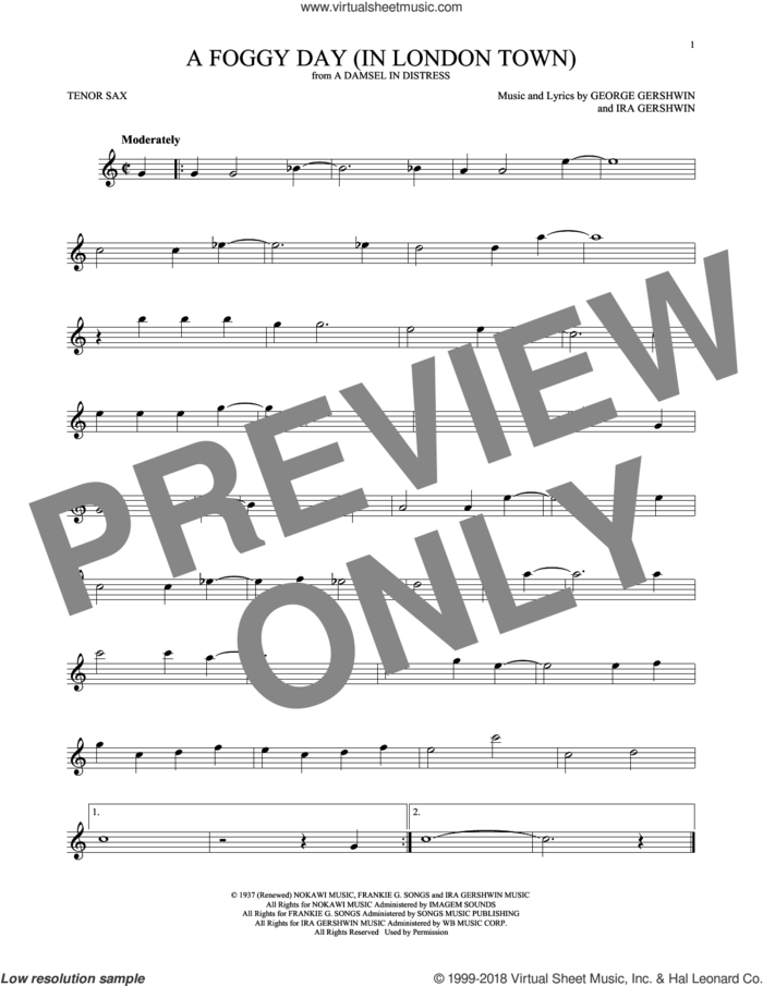A Foggy Day (In London Town) sheet music for tenor saxophone solo by George Gershwin and Ira Gershwin, intermediate skill level