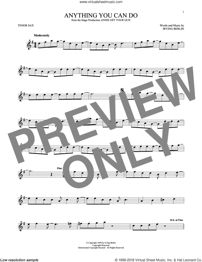 Anything You Can Do (from Annie Get Your Gun) sheet music for tenor saxophone solo by Irving Berlin, intermediate skill level