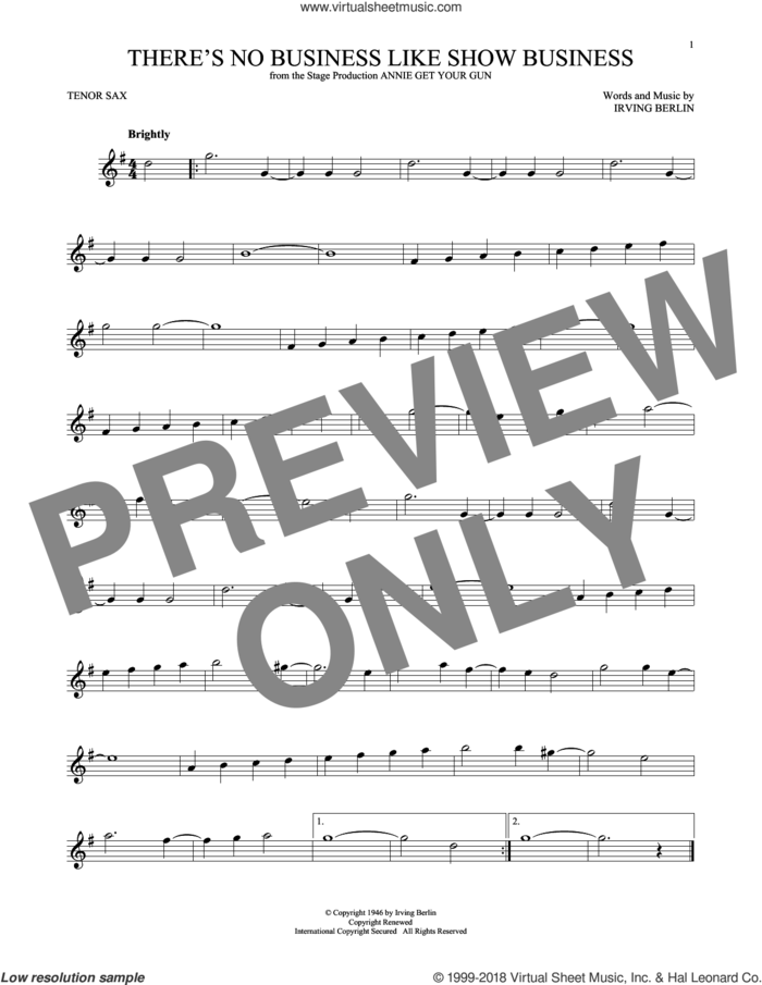 There's No Business Like Show Business sheet music for tenor saxophone solo by Irving Berlin, intermediate skill level