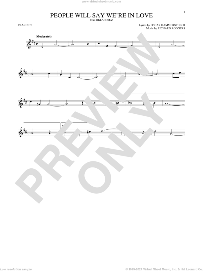 People Will Say We're In Love (from Oklahoma!) sheet music for clarinet solo by Rodgers & Hammerstein, Oscar II Hammerstein and Richard Rodgers, intermediate skill level