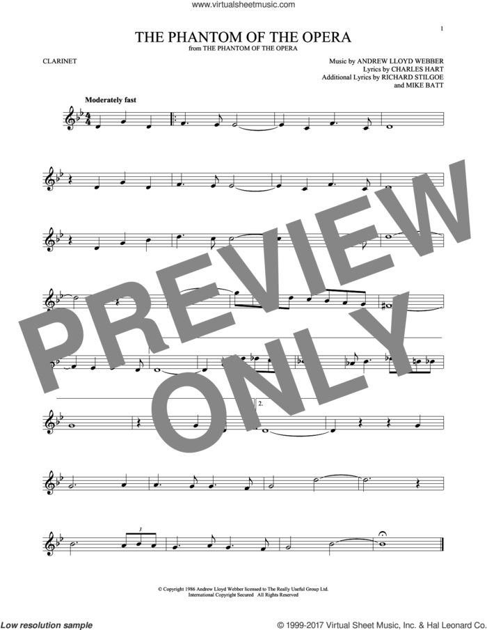 The Phantom Of The Opera sheet music for clarinet solo by Andrew Lloyd Webber, Charles Hart, Mike Batt and Richard Stilgoe, intermediate skill level