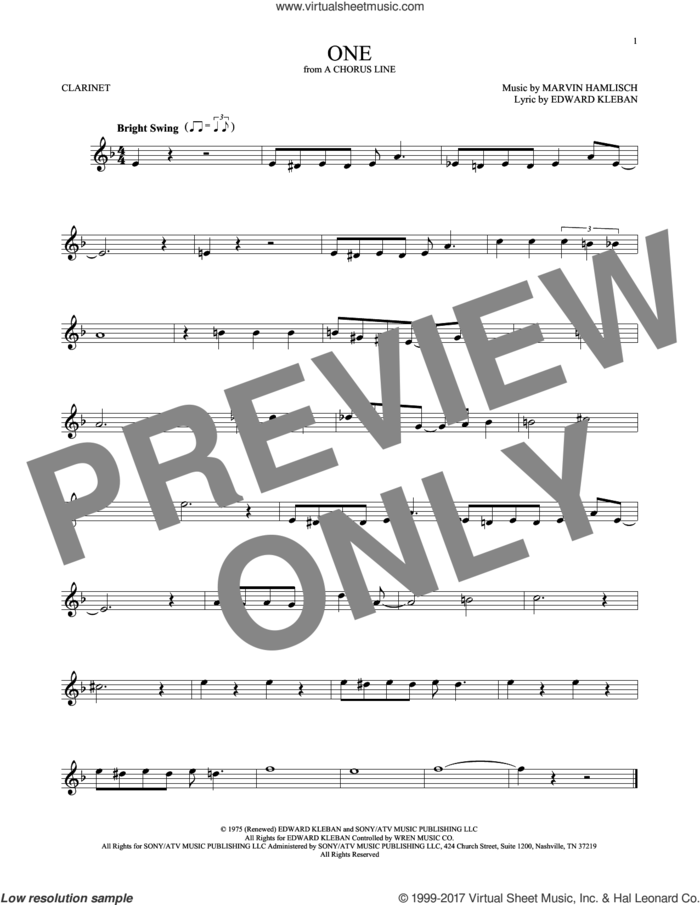 One sheet music for clarinet solo by Edward Kleban and Marvin Hamlisch, intermediate skill level