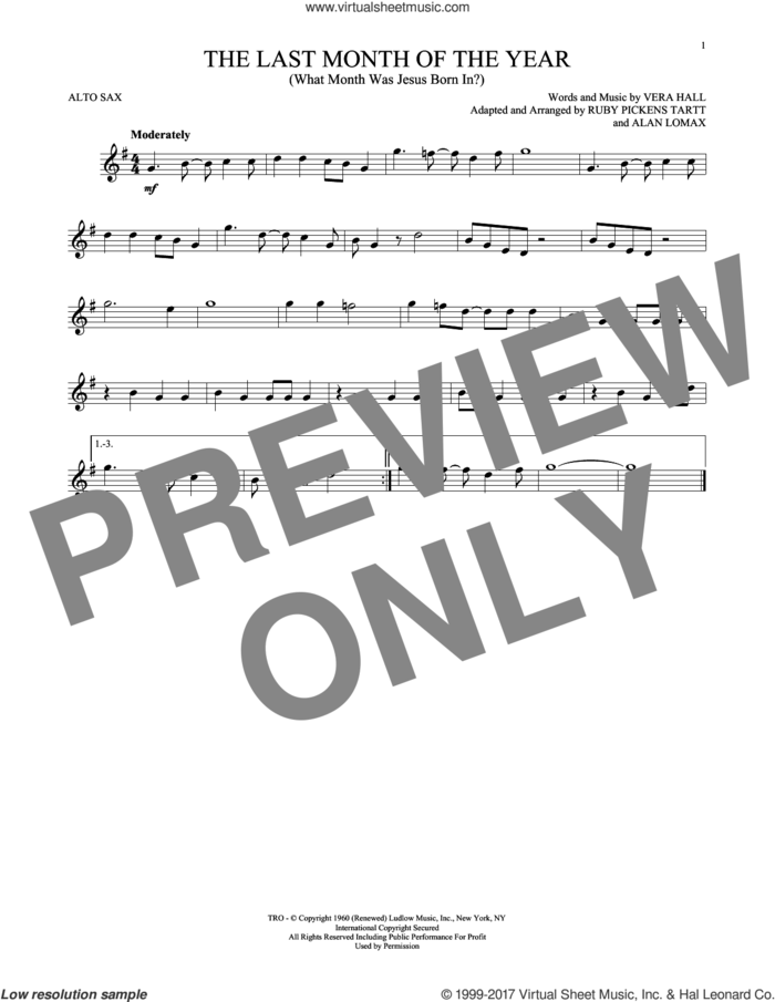 The Last Month Of The Year (What Month Was Jesus Born In?) sheet music for alto saxophone solo by Vera Hall, John A. Lomax and Ruby Pickens Tartt, intermediate skill level