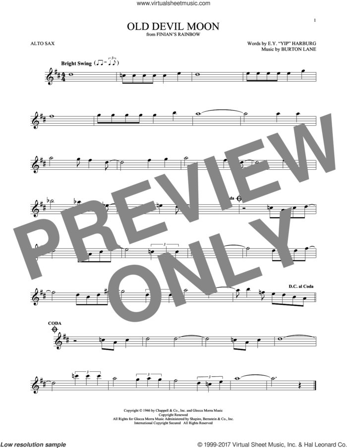 Old Devil Moon sheet music for alto saxophone solo by E.Y. Harburg and Burton Lane, intermediate skill level