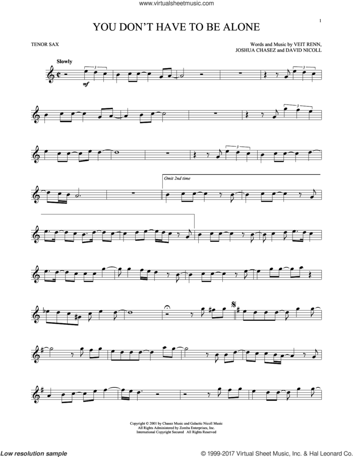 You Don't Have To Be Alone sheet music for tenor saxophone solo by 'N Sync, David Nicoll, Joshua Chasez and Veit Renn, intermediate skill level