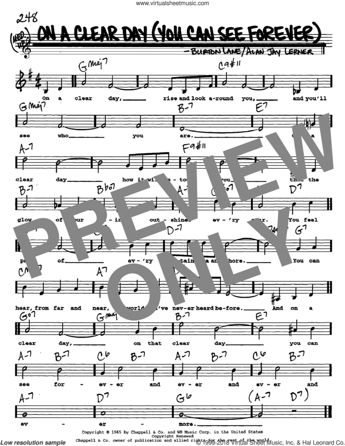 On A Clear Day (You Can See Forever) sheet music for voice and other instruments  by Alan Jay Lerner and Burton Lane, intermediate skill level
