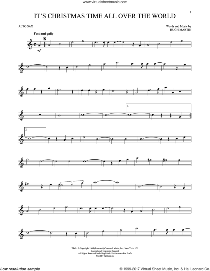 It's Christmas Time All Over The World sheet music for alto saxophone solo by Hugh Martin, intermediate skill level