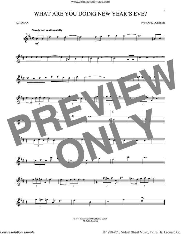 What Are You Doing New Year's Eve? sheet music for alto saxophone solo by Frank Loesser, intermediate skill level