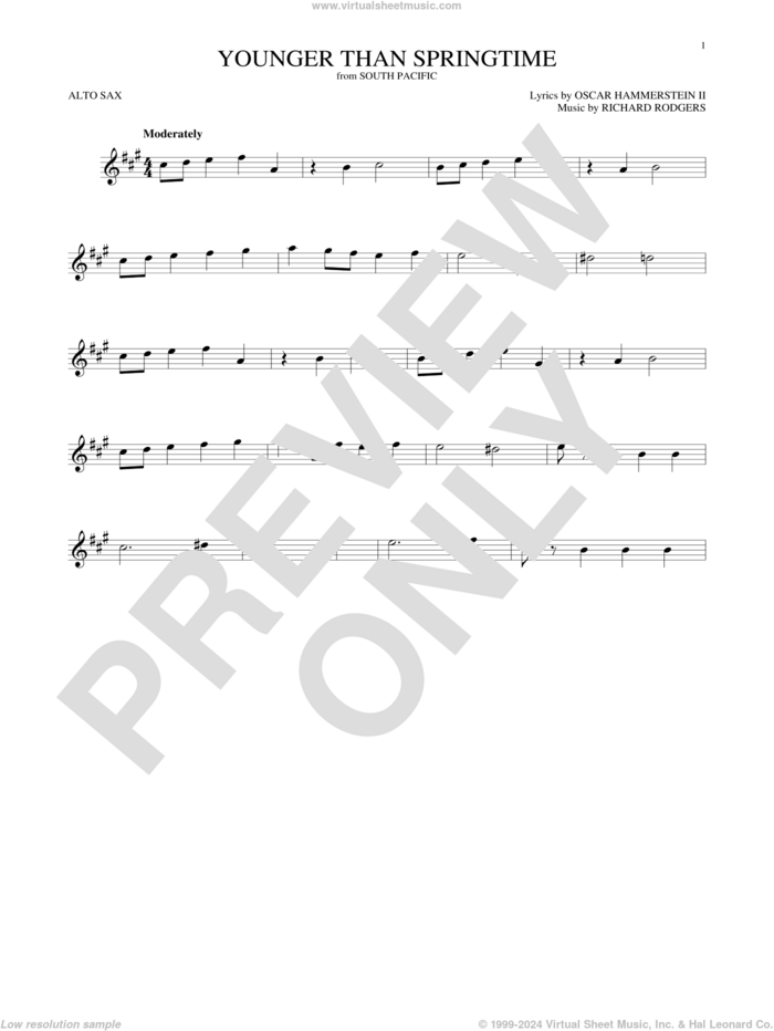 Younger Than Springtime sheet music for alto saxophone solo by Rodgers & Hammerstein, Gordon MacRae, Stan Kenton, Oscar II Hammerstein and Richard Rodgers, intermediate skill level