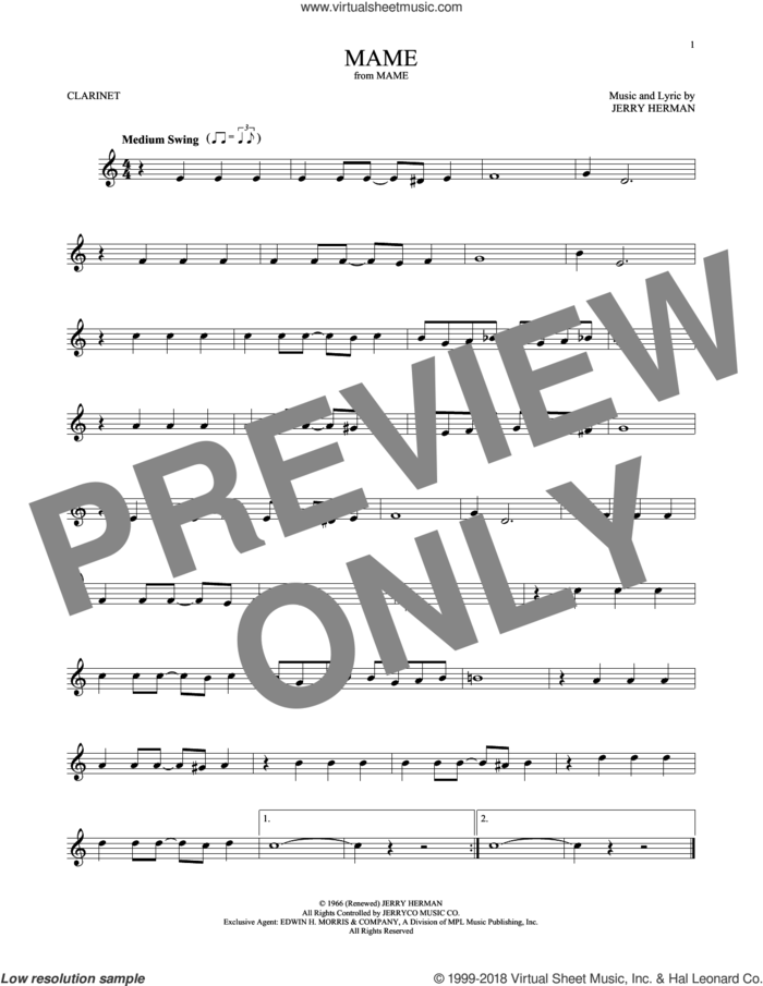 Mame sheet music for clarinet solo by Jerry Herman, intermediate skill level
