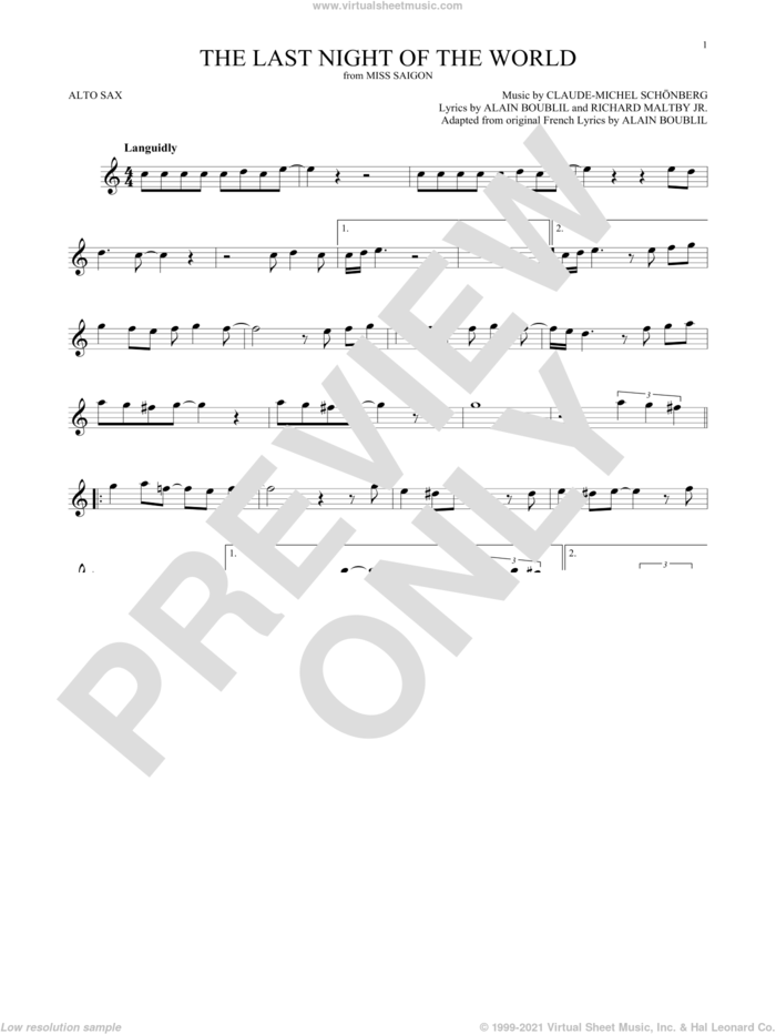 The Last Night Of The World (from Miss Saigon) sheet music for alto saxophone solo by Alain Boublil, Boublil and Schonberg, Claude-Michel Schonberg, Claude-Michel Schonberg and Richard Maltby, Jr., intermediate skill level