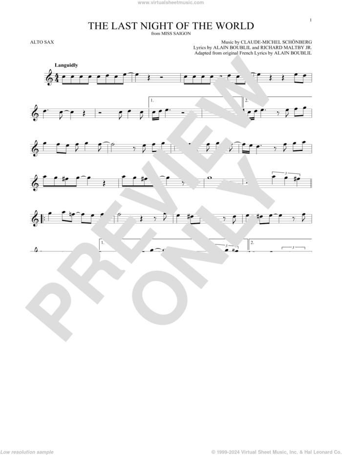 The Last Night Of The World (from Miss Saigon) sheet music for alto saxophone solo by Alain Boublil, Boublil and Schonberg, Claude-Michel Schonberg, Claude-Michel Schonberg and Richard Maltby, Jr., intermediate skill level