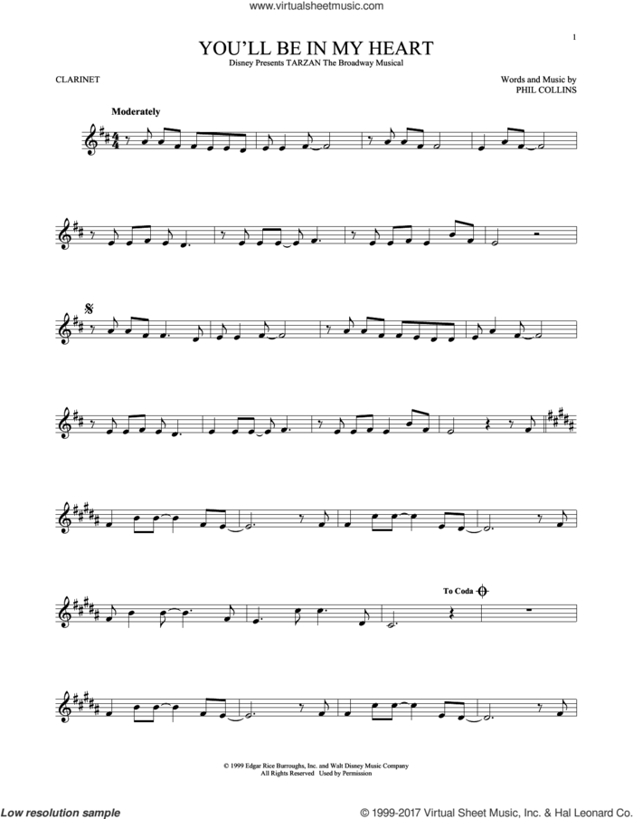 You'll Be In My Heart (from Tarzan) sheet music for clarinet solo by Phil Collins, intermediate skill level