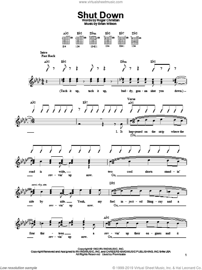 Shut Down sheet music for guitar solo (chords) by The Beach Boys, Brian Wilson and Roger Christian, easy guitar (chords)