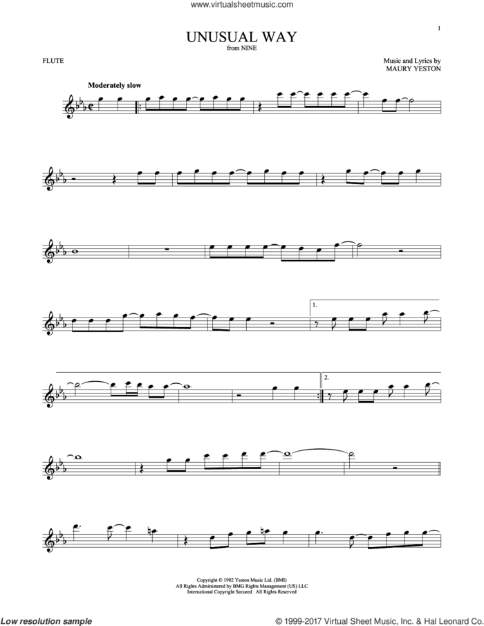 Unusual Way sheet music for flute solo by Maury Yeston and Linda Eder, intermediate skill level