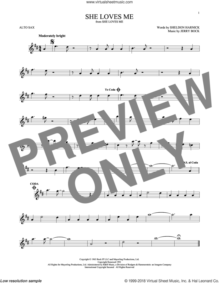 She Loves Me sheet music for alto saxophone solo by Jerry Bock and Sheldon Harnick, intermediate skill level
