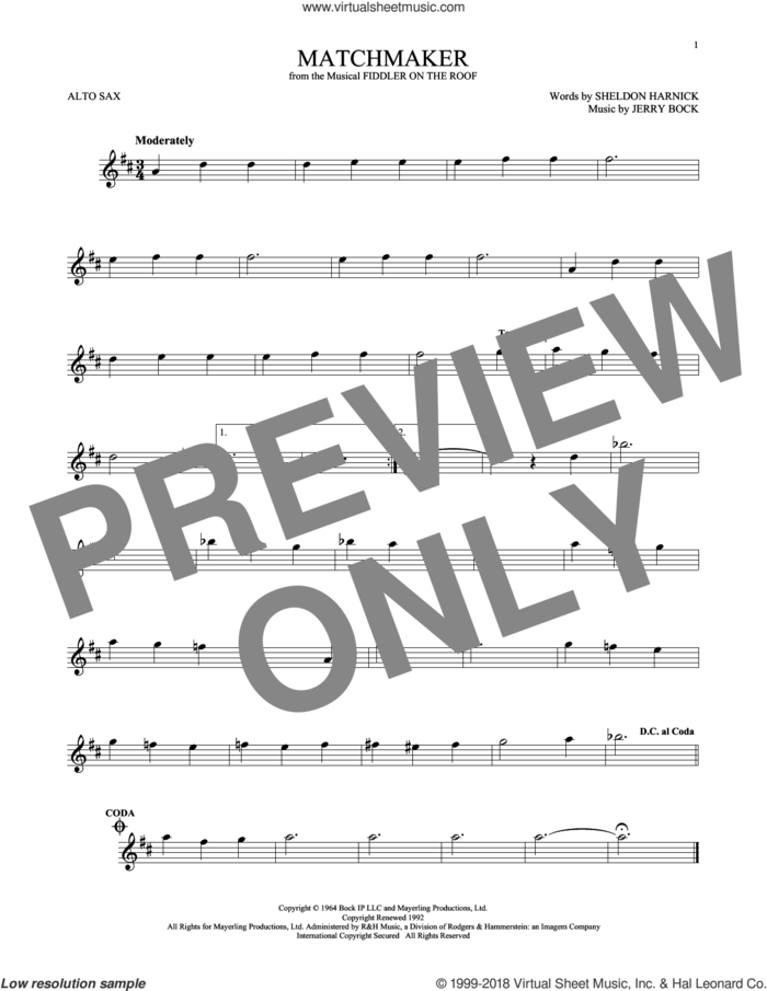 Matchmaker (from Fiddler On The Roof) sheet music for alto saxophone solo by Bock & Harnick, Jerry Bock and Sheldon Harnick, intermediate skill level