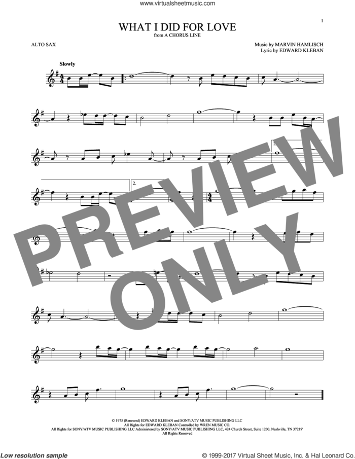 What I Did For Love sheet music for alto saxophone solo by Marvin Hamlisch and Edward Kleban, intermediate skill level