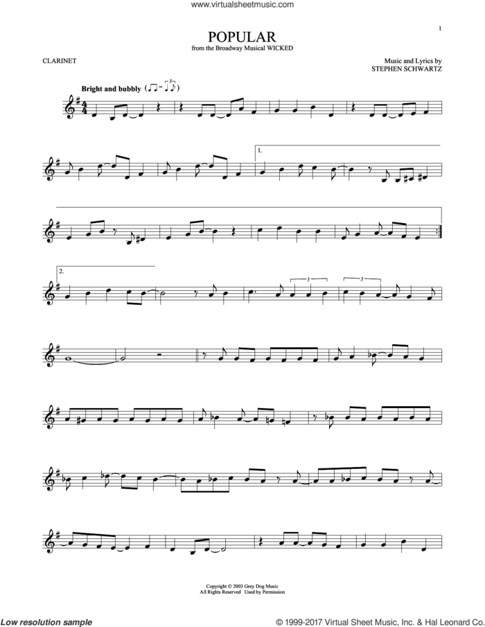 Popular (from Wicked) sheet music for clarinet solo by Stephen Schwartz, intermediate skill level