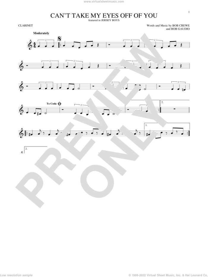 Can't Take My Eyes Off Of You (from Jersey Boys) sheet music for clarinet solo by Frankie Valli & The Four Seasons, Frankie Valli, The Four Seasons, Bob Crewe and Bob Gaudio, wedding score, intermediate skill level