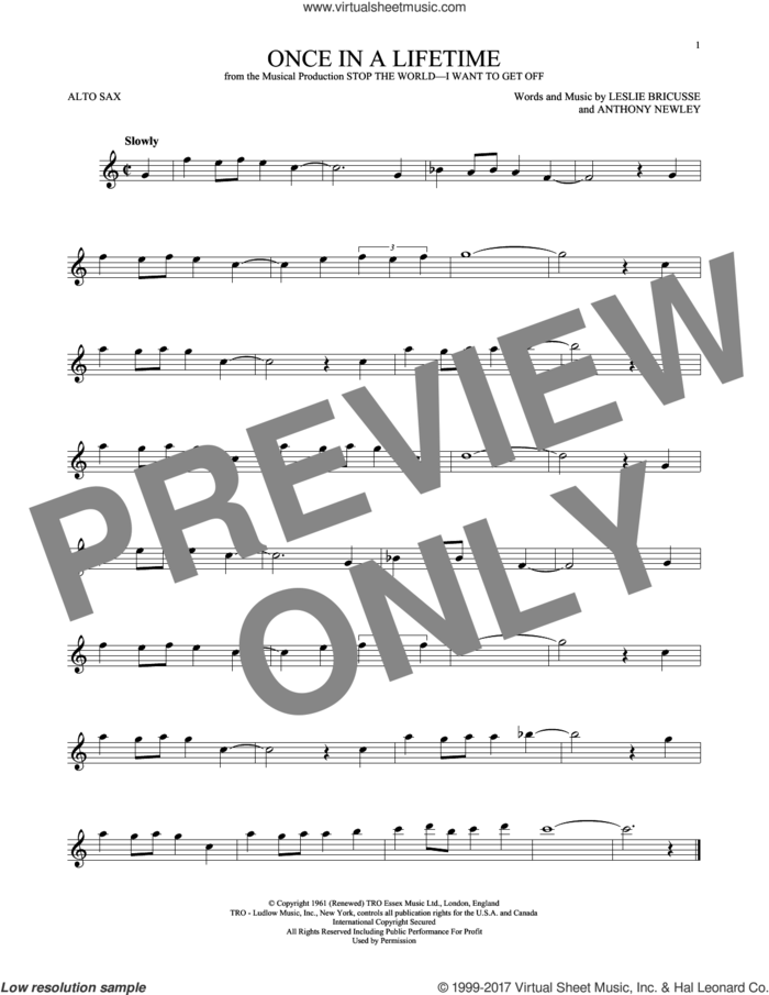 Once In A Lifetime sheet music for alto saxophone solo by Leslie Bricusse and Anthony Newley, intermediate skill level