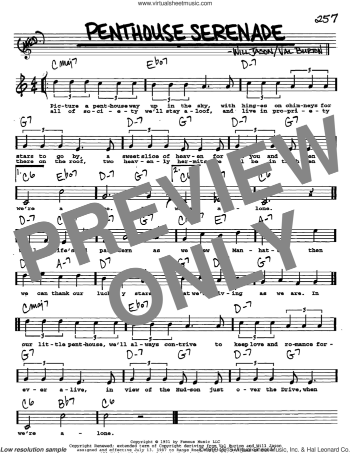 Penthouse Serenade sheet music for voice and other instruments  by Nat King Cole, Val Burton and Will Jason, intermediate skill level