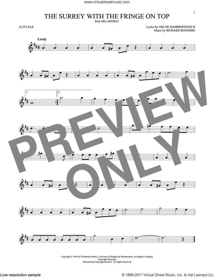 The Surrey With The Fringe On Top (from Oklahoma!) sheet music for alto saxophone solo by Rodgers & Hammerstein, Oscar II Hammerstein and Richard Rodgers, intermediate skill level