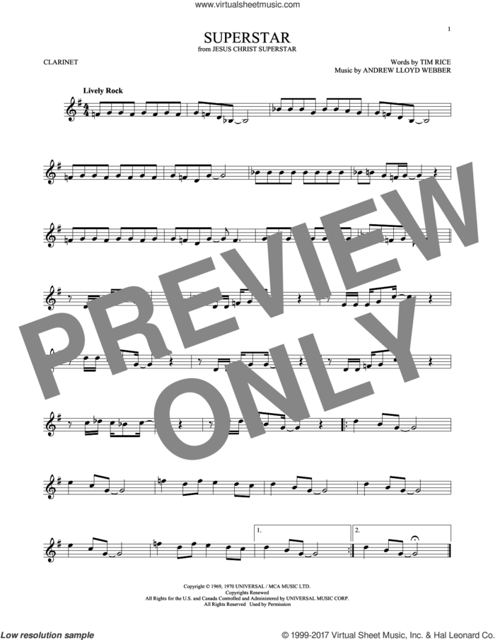 Superstar (from Jesus Christ Superstar) sheet music for clarinet solo by Andrew Lloyd Webber, Murray Head w/Trinidad Singers and Tim Rice, intermediate skill level