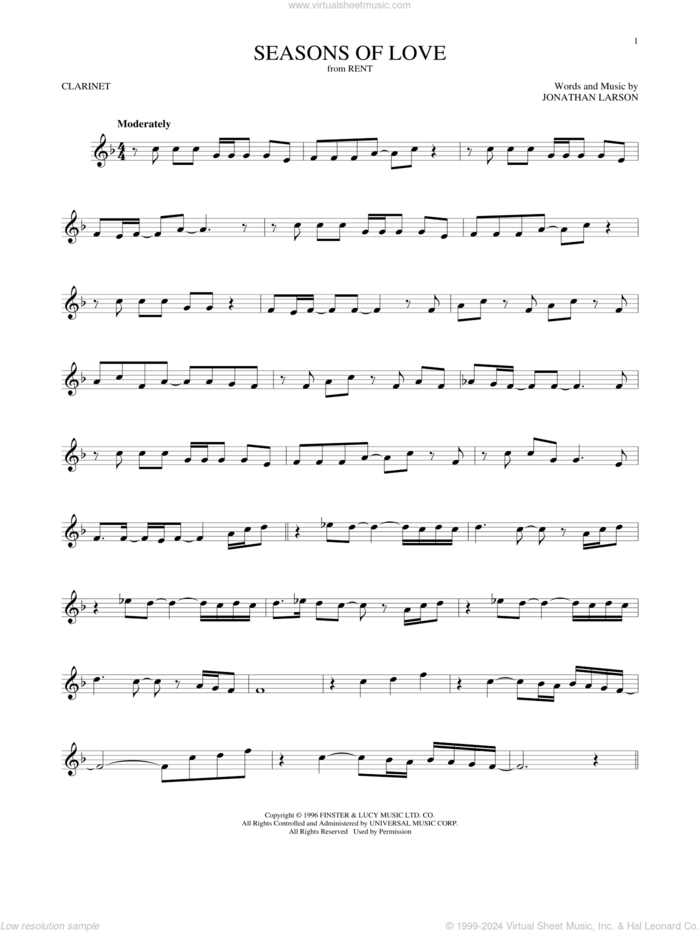 Seasons Of Love (from Rent) sheet music for clarinet solo by Jonathan Larson and Cast of Rent, intermediate skill level