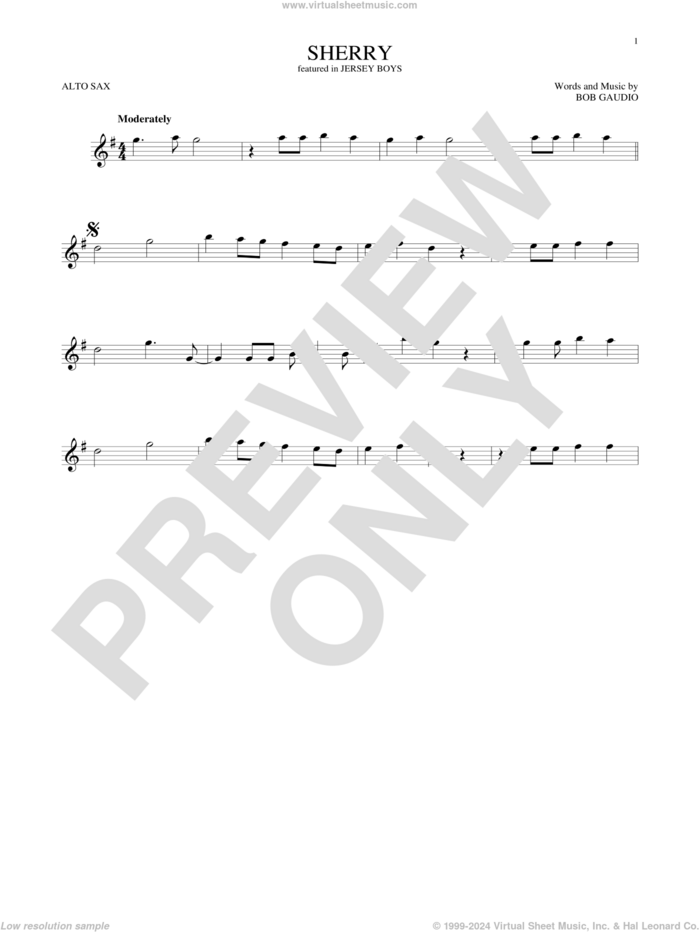 Sherry sheet music for alto saxophone solo by The Four Seasons and Bob Gaudio, intermediate skill level