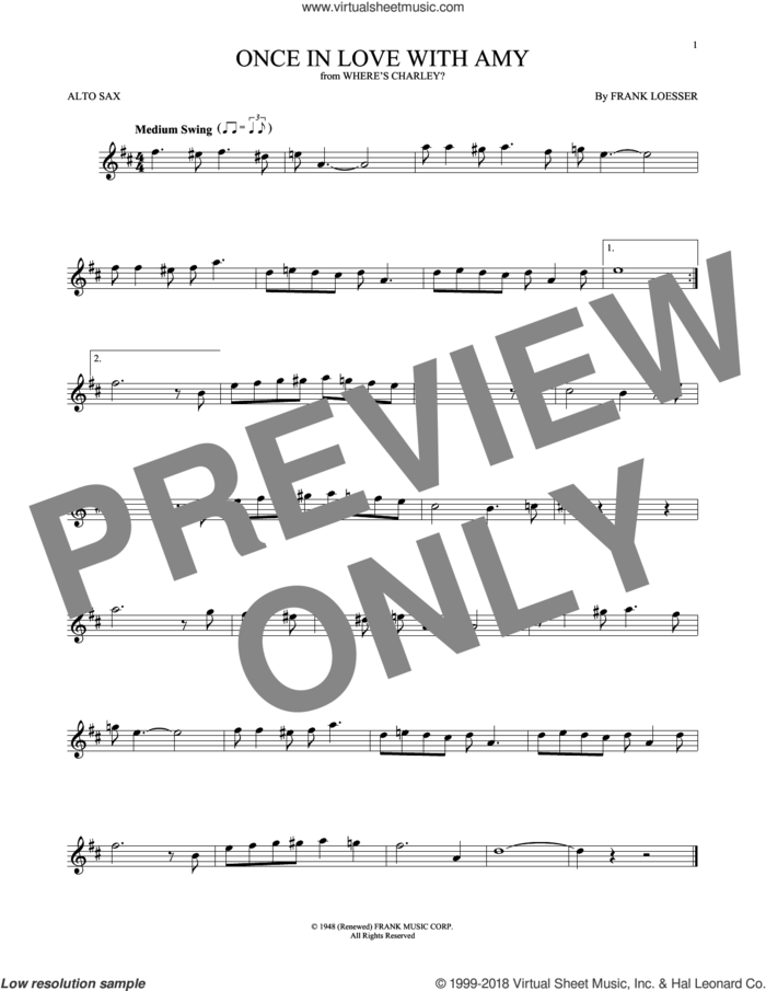 Once In Love With Amy sheet music for alto saxophone solo by Frank Loesser, intermediate skill level