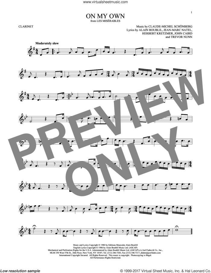 On My Own sheet music for clarinet solo by Alain Boublil, Claude-Michel Schonberg, Claude-Michel Schonberg, Herbert Kretzmer, Jean-Marc Natel, John Caird and Trevor Nunn, intermediate skill level