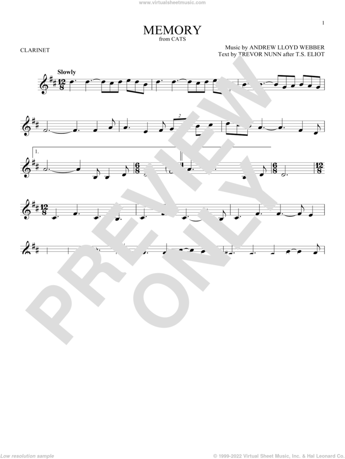 Memory (from Cats) sheet music for clarinet solo by Andrew Lloyd Webber and Barbra Streisand, intermediate skill level