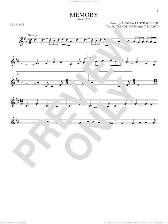 Memory (from Cats) sheet music for clarinet solo by Andrew Lloyd Webber and Barbra Streisand, intermediate skill level