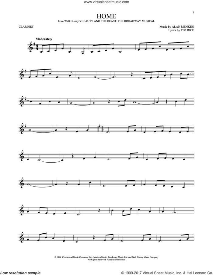 Home (from Beauty and the Beast: The Broadway Musical) sheet music for clarinet solo by Alan Menken and Tim Rice, intermediate skill level